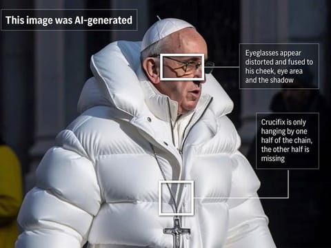 The photo-illustrated graphic highlights a few notable areas of an AI-deepfake of Pope Francis.