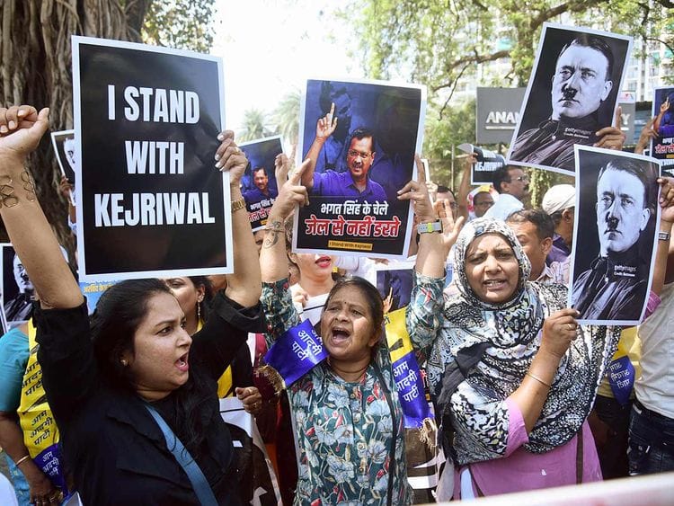 Aam Aadmi Party (AAP) workers stage a protest 