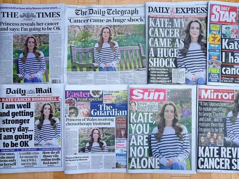 A montage of the front pages of some of Britain's newspapers in London, on Saturday, March 23, 2024. Britain's Kate, Princess of Wales' revelation that she is undergoing treatment for cancer has sparked an outpouring of support and well wishes from around the world. 