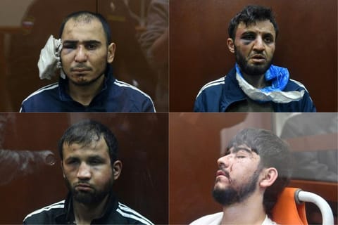  (Clockwise from top left) Saidakrami Murodalii Rachabalizoda, Dalerdjon (alternatively spelled Dalerdzhon) Barotovich Mirzoyev, Muhammadsobir Fayzov and Shamsidin Fariduni suspected of taking part in the attack of a concert hall that killed 137 people.