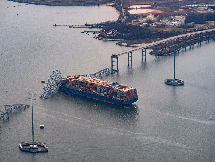  A view of the Dali cargo vessel which crashed into the Francis Scott Key Bridge causing it to collapse in Baltimore, Maryland.