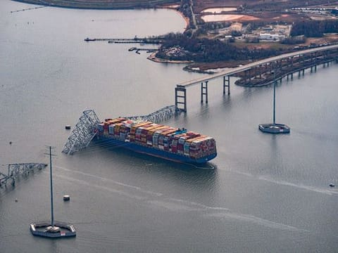  A view of the Dali cargo vessel which crashed into the Francis Scott Key Bridge causing it to collapse in Baltimore, Maryland.