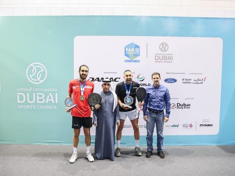 Iranian pairing of Arya Roghani and Hami Golestan, the winners of Nad Al Sheba Padel Pairs Exhibition Competition, with . 