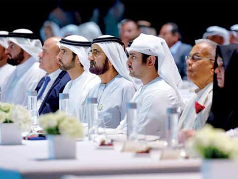 Sheikh Mohammed, Sheikh Hamdan and Sheikh Maktoum during a ceremony held at Dubai Opera on Thursday evening to announce MBRGI’s Year in Review report and honour philanthropists. 