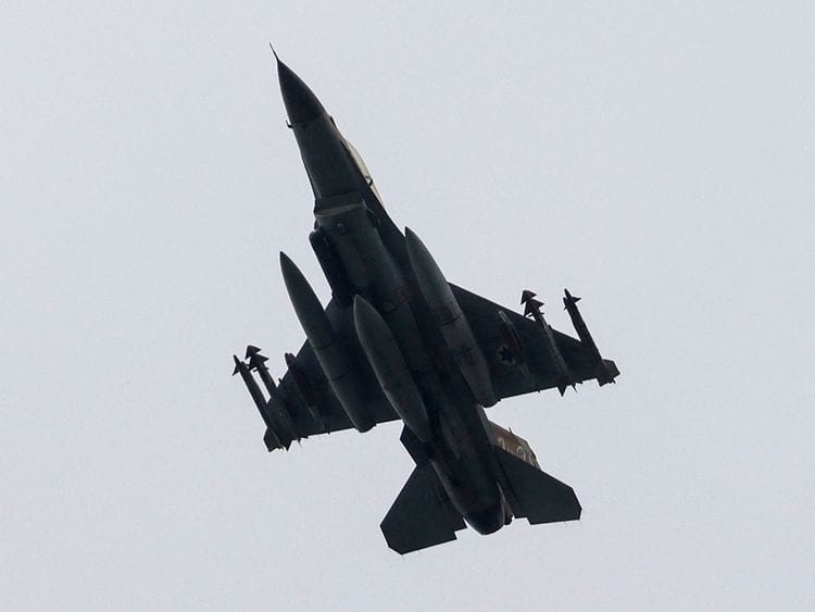 This picture taken from northern Israel shows an Israeli Air Force fighter jet flying over the border area with south Lebanon on March 27, 2024.  