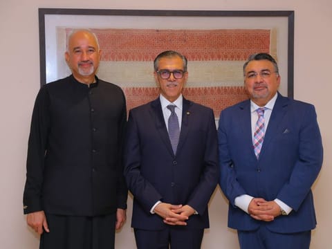 (From Left) Pakistan Ambassador Faisal Niaz Trimizi; President of the Aga Khan University Dr Sulaiman Shahabuddin and Aziz Merchant, President of the Ismaili Community in UAE at the Isamili Centre in Dubai. 