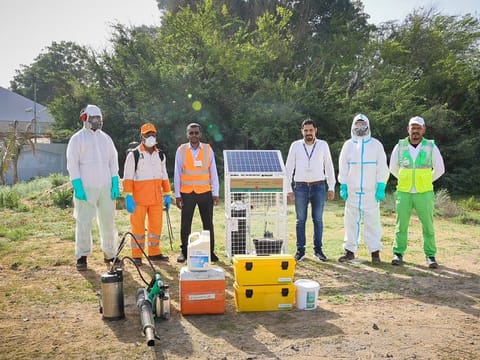 The team uses mist spraying machines and organic pesticides to combat the spread of mosquitoes 