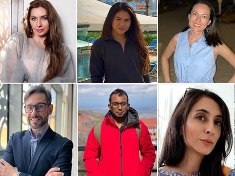 UAE residents, clockwise from top, Anastasia Olimska, Michelle Oribello, Nela De Con, Eram Shehzadi Khan, Jay Ashar and Hugo Alexandre Farinha Guedelha.