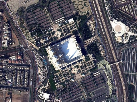 An image showing the Sheikh Zayed Grand Mosque in Abu Dhabi as viewed from space by KhalifaSat. The Mohammed Bin Rashid Space Centre (MBRSC) in Dubai has shared images captured from space by KhalifaSat, showcasing the architectural splendour of some of the biggest mosques across the UAE.