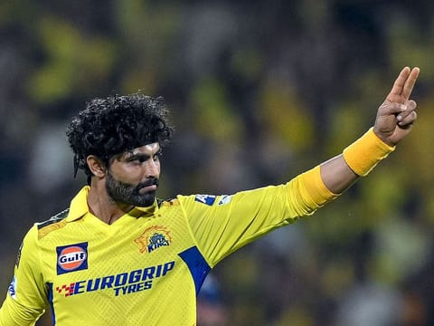 Chennai Super Kings' Ravindra Jadeja celebrates after taking the wicket of Kolkata Knight Riders' Venkatesh Iyer in Chennai on Monday.