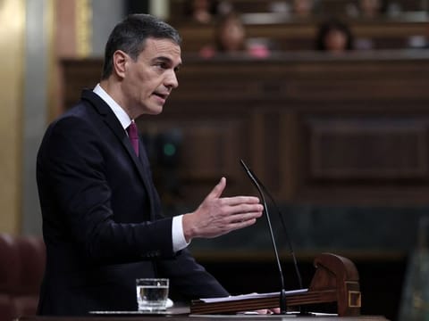 Prime Minister Pedro Sanchez addresses parliament at the Spanish lower house, Congress of Deputies, in Madrid on April 10, 2024.  