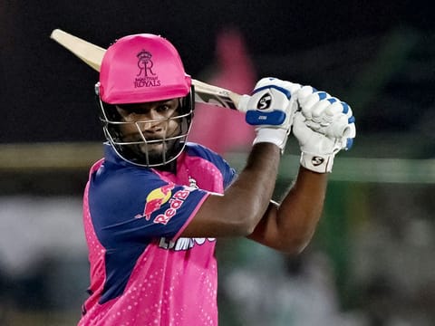 Rajasthan Royals’ captain Sanju Samson plays a shot during the Indian Premier League (IPL) Twenty20 cricket match against Gujarat Titans at the Sawai Mansingh Stadium in Jaipur on April 10, 2024. Gujarat won by three wickets to hand Rajasthan their first defeat this year. 
