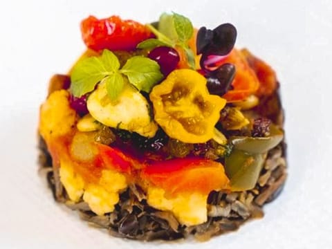Artichoke maklouba with tomato mint salsa