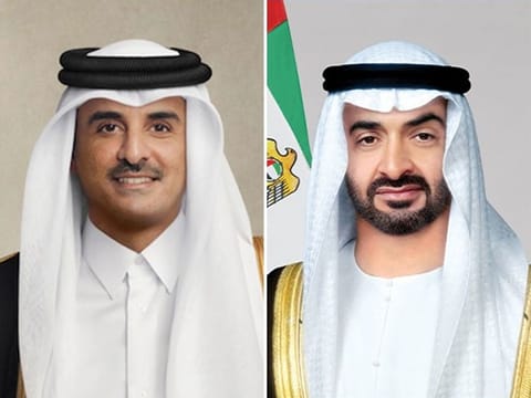 UAE President His Highness Sheikh Mohamed bin Zayed Al Nahyan (R) and Sheikh Tamim bin Hamad Al Thani, Emir of Qatar (L)