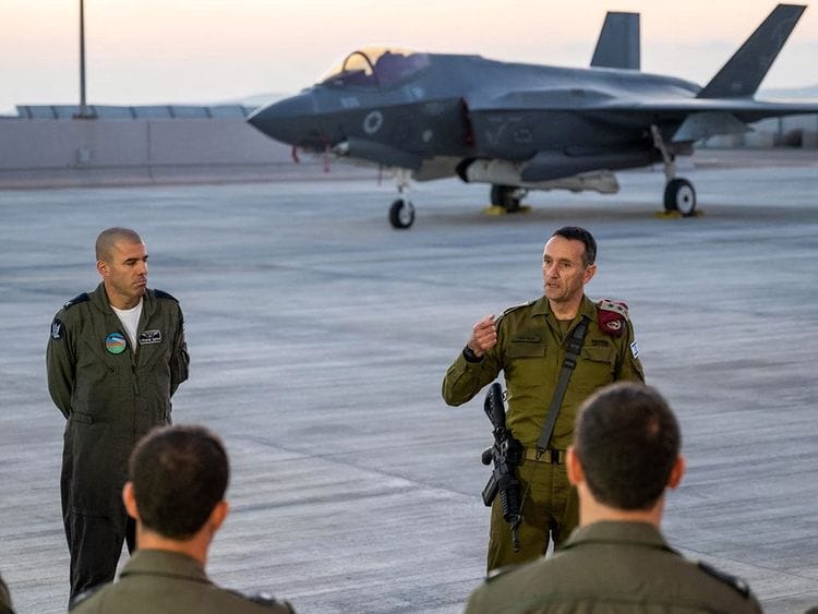 Israeli army Chief of the General Staff Lieutenant General Herzi Halevi speaking to military officers at Nevatim airbase in southern Israel on April 15, 2024. Israel's army chief on April 15 vowed a response to Iran's unprecedented attack against the country which has prompted appeals for de-escalation by world leaders fearing wider conflict.  