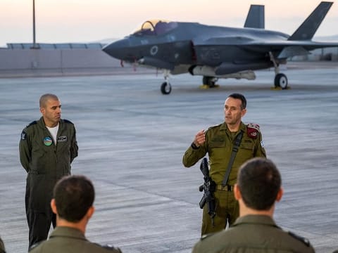 Israeli army Chief of the General Staff Lieutenant General Herzi Halevi speaking to military officers at Nevatim airbase in southern Israel on April 15, 2024. Israel's army chief on April 15 vowed a response to Iran's unprecedented attack against the country which has prompted appeals for de-escalation by world leaders fearing wider conflict.  