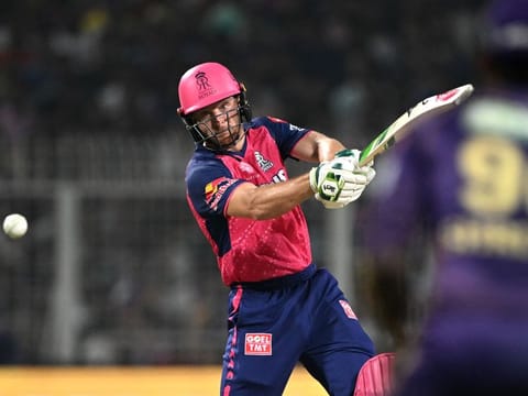 Rajasthan Royals’ Jos Buttler plays a shot during the Indian Premier League Twenty20 cricket match against Kolkata Knight Riders at the Eden Gardens in Kolkata on April 16, 2024. His unbeaten ton helped Rajasthan record their fifth win in six matches and keep the lead in the point table this season.