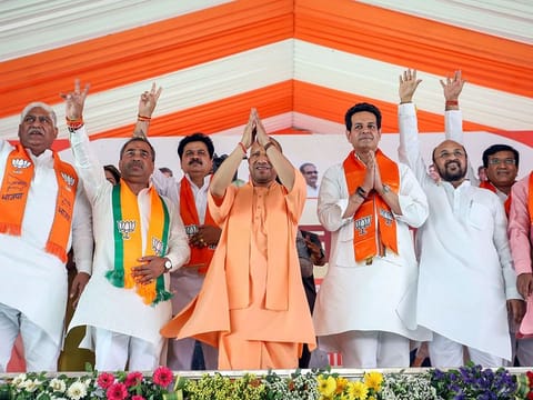 Uttar Pradesh Chief Minister Yogi Adityanath during a public meeting ahead of Lok Sabha polls, in Saharanpur on Friday. BJP's candidate Raghav Lakhanpal Sharma also seen. 
