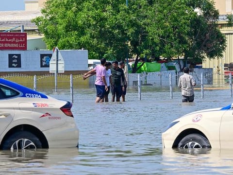 Flooded street in Dubai following heavy rains on April 18, 2024. 
