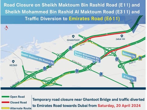 Motorists heading in the direction of Dubai can instead use Emirates Road (E611) after crossing the intersecting Al Faqa Road.