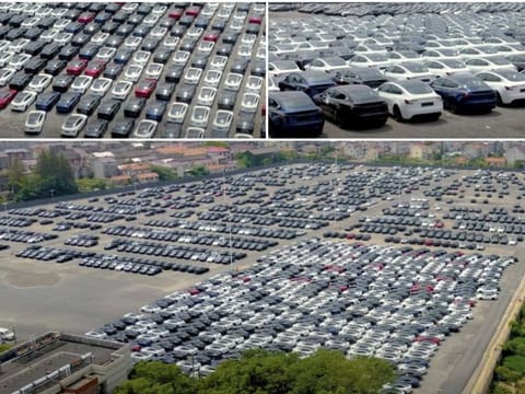 Still shots from a video by Shanghai drone video operator "Wu Wa" show Tesla EVs being prepared for shipment outside of China in September 2023.