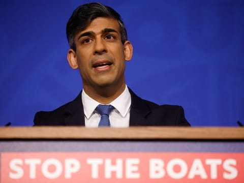 Rishi Sunak during a news conference on his flagship Rwanda migration policy, in London, on Monday, April 22, 2024.  