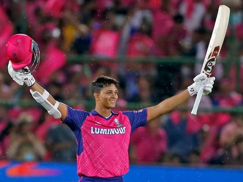 Rajasthan Royals’ Yashasvi Jaiswal celebrates the team's victory against Mumbai Indians in the Indian Premier League in Jaipur on April 23, 2024. Jaiswal’s unbeaten century and Sandeep Sharma’s five-wicket haul helped Rajasthan win and stay atop the table with 14 points. 