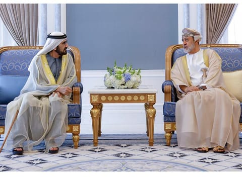 (L) His Highness Sheikh Mohammed bin Rashid Al Maktoum, Vice President and Prime Minister of the UAE and Ruler of Dubai, with Sultan Haitham bin Tariq of Oman in Abu Dhabi on Tuesday