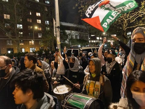 Pro-Palestinian supporters rally outside Columbia University on April 23, 2024 in New York City. In response to recent campus unrest and anxieties regarding Jewish student safety, Columbia University President Minouche Shafik announced a shift to online learning for Monday. She further urged faculty and staff to prioritize remote work. 