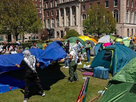 Demonstrators at the pro-Palestinian "Gaza Solidarity Encampment" on the West Lawn of Columbia University in New York City. 