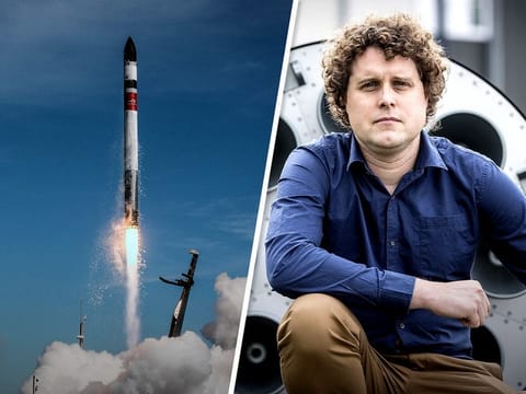 Peter Beck (right), 46, Rocket Lab founder and CEO, has no formal training in aerospace or rocketry, and has no college degree. Electron (left) is the company's two-stage rocket designed to carry payloads of up to 300 kilograms (660 pounds) to low Earth orbit (LEO). It is known for its high success rate and inexpensive launch service.