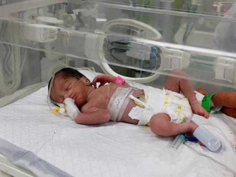 A Palestinian baby girl, saved from the womb of her mother Sabreen Al Sheikh (Al-Sakani), who was killed in an Israeli strike along with her husband Shukri and her daughter Malak, lies in an incubator at Al Emirati hospital in Rafah in the southern Gaza Strip April 21, 2024. 