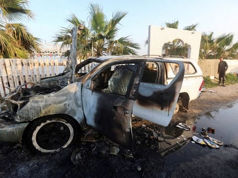 The vehicle in which employees from the World Central Kitchen (WCK) were killed in an Israeli airstrike in Deir Al Balah, in the central Gaza, on April 1, 2024.  