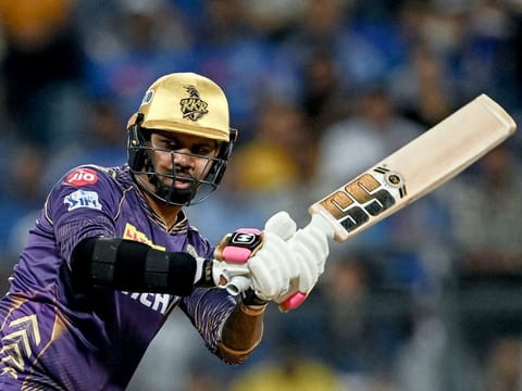 Kolkata Knight Riders’ Sunil Narine plays a shot during an Indian Premier League cricket match. His explosive batting at the top of the order has been a feature of KKR’s victories. 