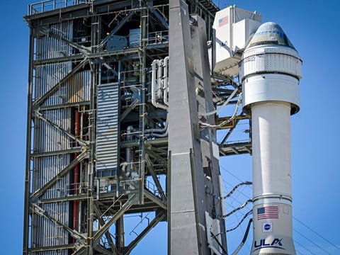 The United Launch Alliance (ULA) Atlas V rocket carrying Boeing's Starliner sits at Space Launch Complex 41 at Cape Canaveral Space Force Station at Kennedy Space Center, Florida.