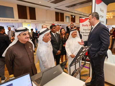 Clint Khan, Director at Y-Axis, one of the UAE's leading immigration consultants with the chief guests at Edufair 2024 in Dubai yesterday