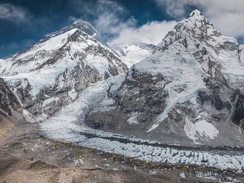 A drone view shows Mount Everest along with Khumbu Glacier and base camp in Nepal, April 30, 2024. 