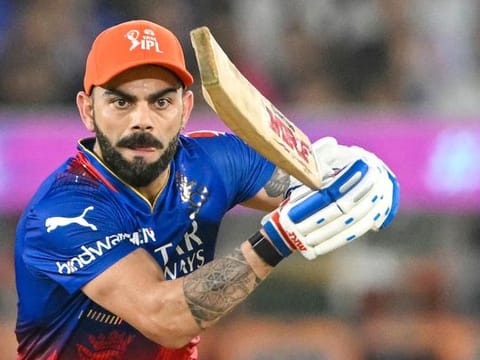 Royal Challengers Bengaluru's Virat Kohli plays a shot during the IPL match against Rajasthan Royals at the Narendra Modi Stadium in Ahmedabad on May 22, 2024. 