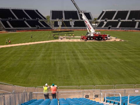 A general view of the Nassau county International Cricket Stadium getting ready for the ICC Men's T20 World Cup, in Eisenhower Park, East Meadow, New York. The blockbuster India-Pakistan game on June 9 is one of the eight games scheduled at the 34,000-capacity stadium. AFP