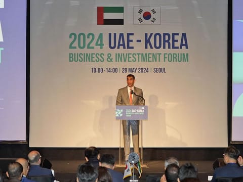 Dr Thani bin Ahmed Al Zeyoudi, Minister of State for Foreign Trade, speaking at the UAE-Korea Business and Investment Forum in Seoul, Korea on Tuesday.