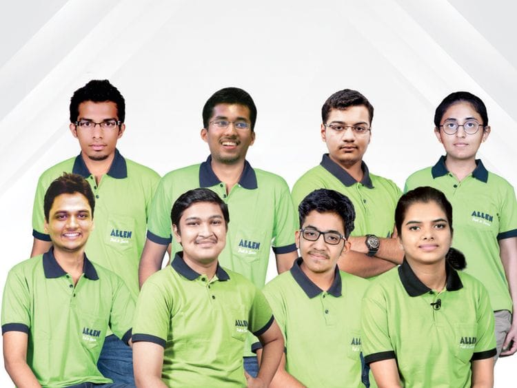 ALLEN students were All India Rank-1 holders in NEET (UG) eight times. Standing from left to right: Ayush Goel (NEET 2013), Lokesh Agarwal (AIPMT 2010), Het Sanjay Shah (NEET 2016), Nishita Purohit (AllMS 2017); Sitting from left to right: Tejaswin Jha (AIPMT 2014), Soyeb Aftab (NEET 2020), Nalin Khandelwal (NEET 2019), Tanishka (NEET 2022)