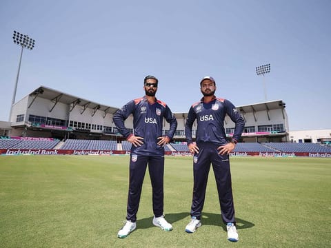 Ali Khan and Monank Patel of the USA pose prior to the ICC Men's T20 Cricket World Cup 2024 match between USA and Canada at Grand Prairie Cricket Stadium on May 29, 2024 in Dallas, Texas.   