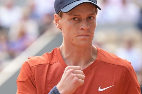 Italy's Jannik Sinner reacts after a point during his men's singles quarter-final match against Bulgaria's Grigor Dimitrov on Court Philippe-Chatrier on Tuesday.