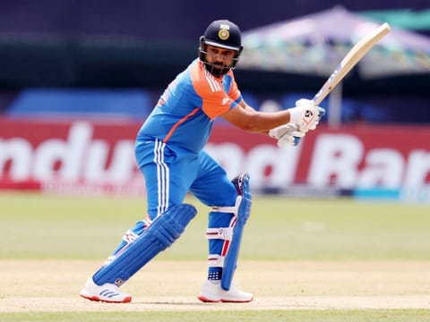 Rohit Sharma of India plays a shot during the ICC Men's T20 Cricket World Cup match against Ireland in New York on June 05, 2024. The Indian captain was hit on the upper arm by a delivery from Josh Little, and had to retire hurt.
