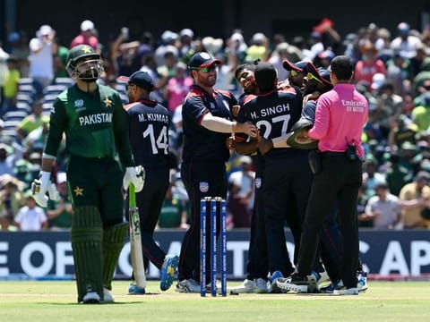 USA’s players celebrate after winning the Group A game against Pakistan in a Super Over during the ICC Men's Twenty20 World Cup 2024 in Grand Prairie, Texas, on June 6, 2024. 