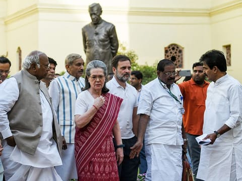 Congress President Mallikarjun Kharge, Parliamentary Party Chairperson Sonia Gandhi and party leader Rahul Gandhi among others in New Delhi on Saturday. 