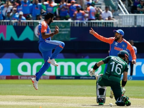 India's Jasprit Bumrah celebrates after dismissing Pakistan's Mohammad Rizwan during the ICC men's Twenty20 World Cup 2024 group A cricket match at Nassau County International Cricket Stadium in East Meadow, New York on Sunday.