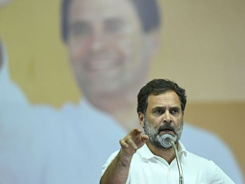 Indian National Congress party leader Rahul Gandhi addresses his supporters in Coimbatore 
