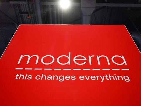 The Moderna, Inc. logo is displayed during the Consumer Electronics Show (CES) in Las Vegas, Nevada, on January 5, 2023. 