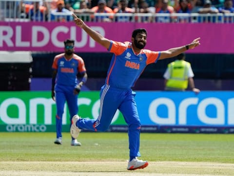 India's Jasprit Bumrah celebrates after taking a wicket during the ICC Twenty20 World Cup 2024 Group A match in New York.
